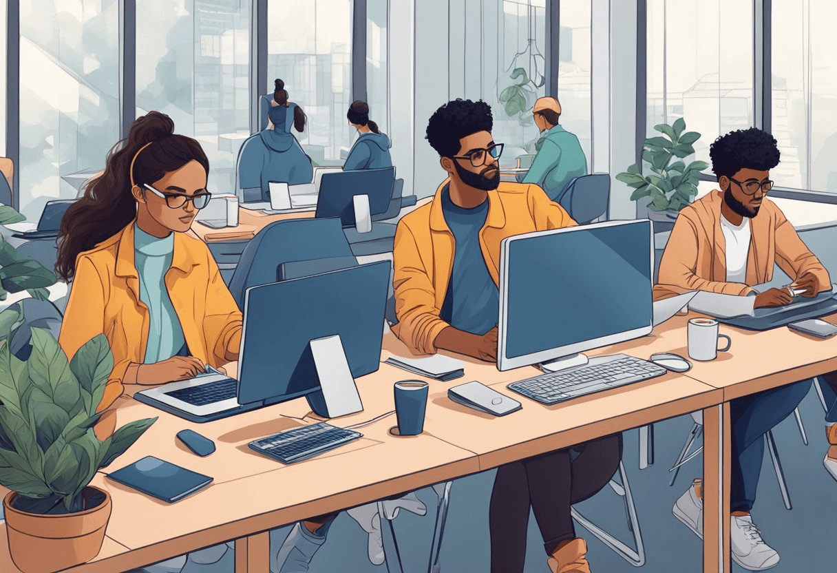 A group of freelancers working independently, connected through technology, with a sense of empowerment and autonomy