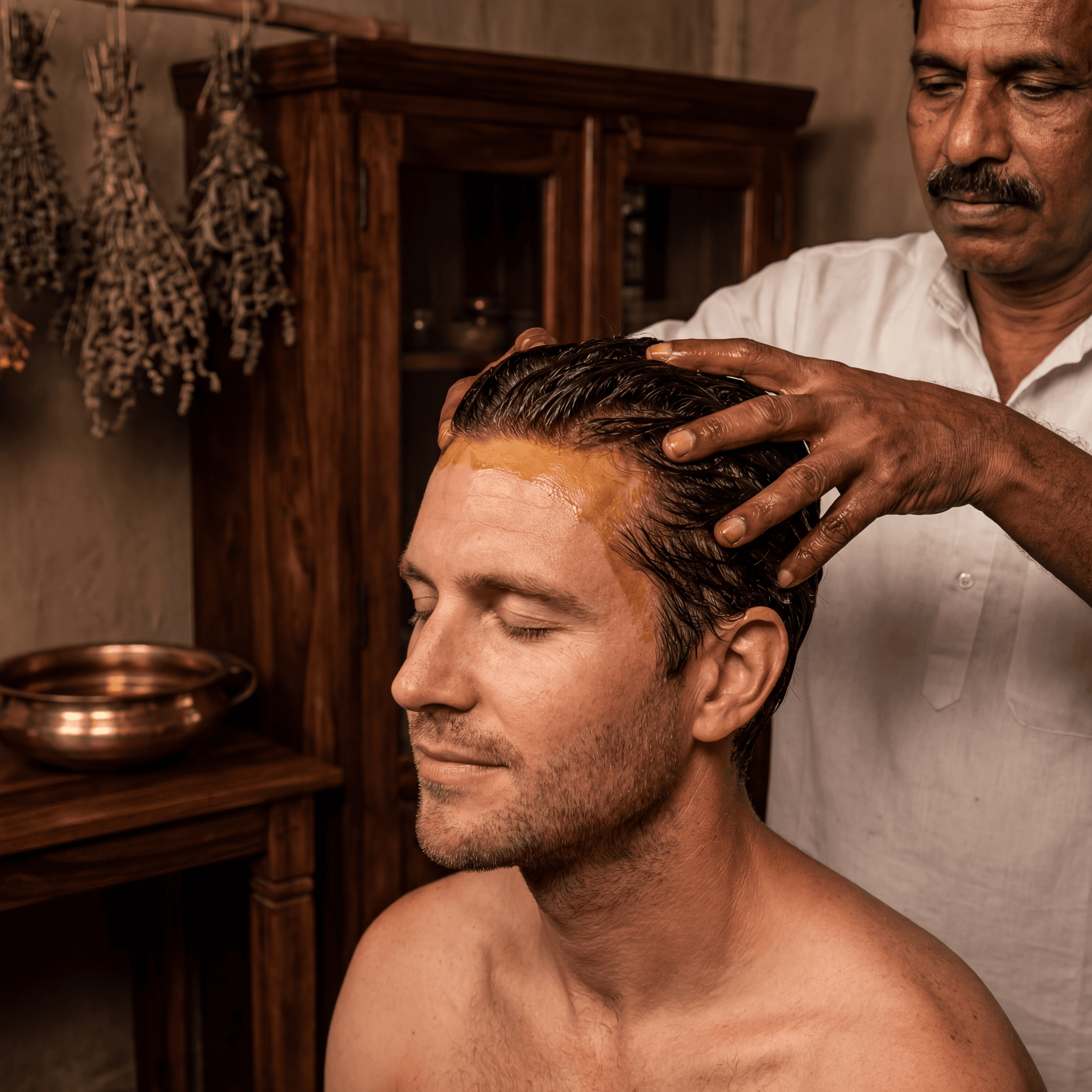 A person getting an authentic ayurvedic head massage.