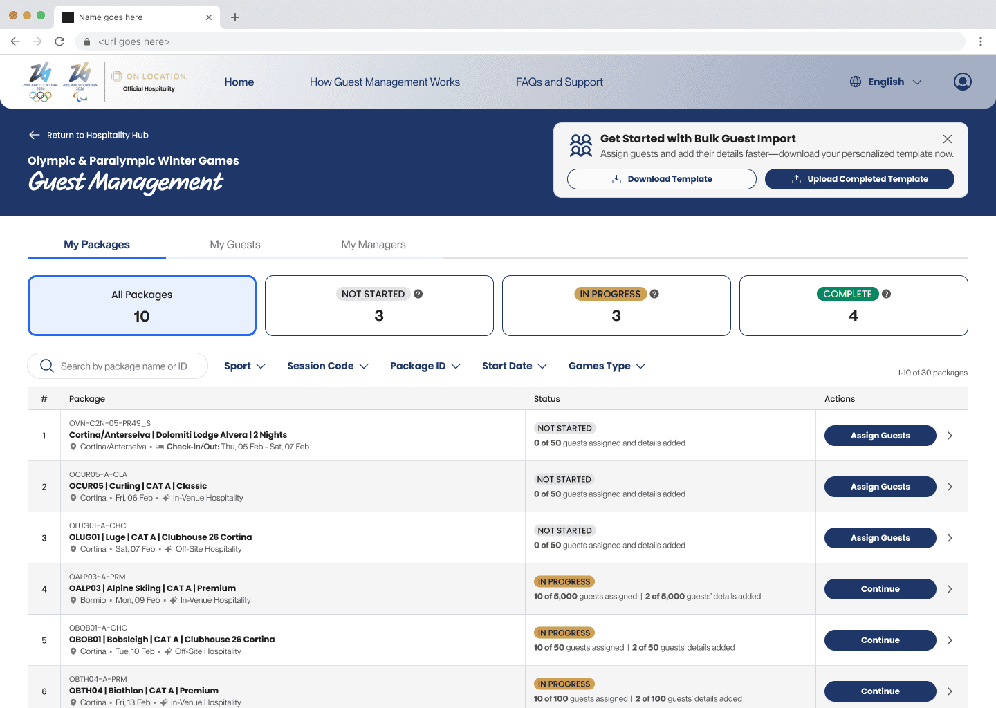 Screenshot of hospitality request portal homepage