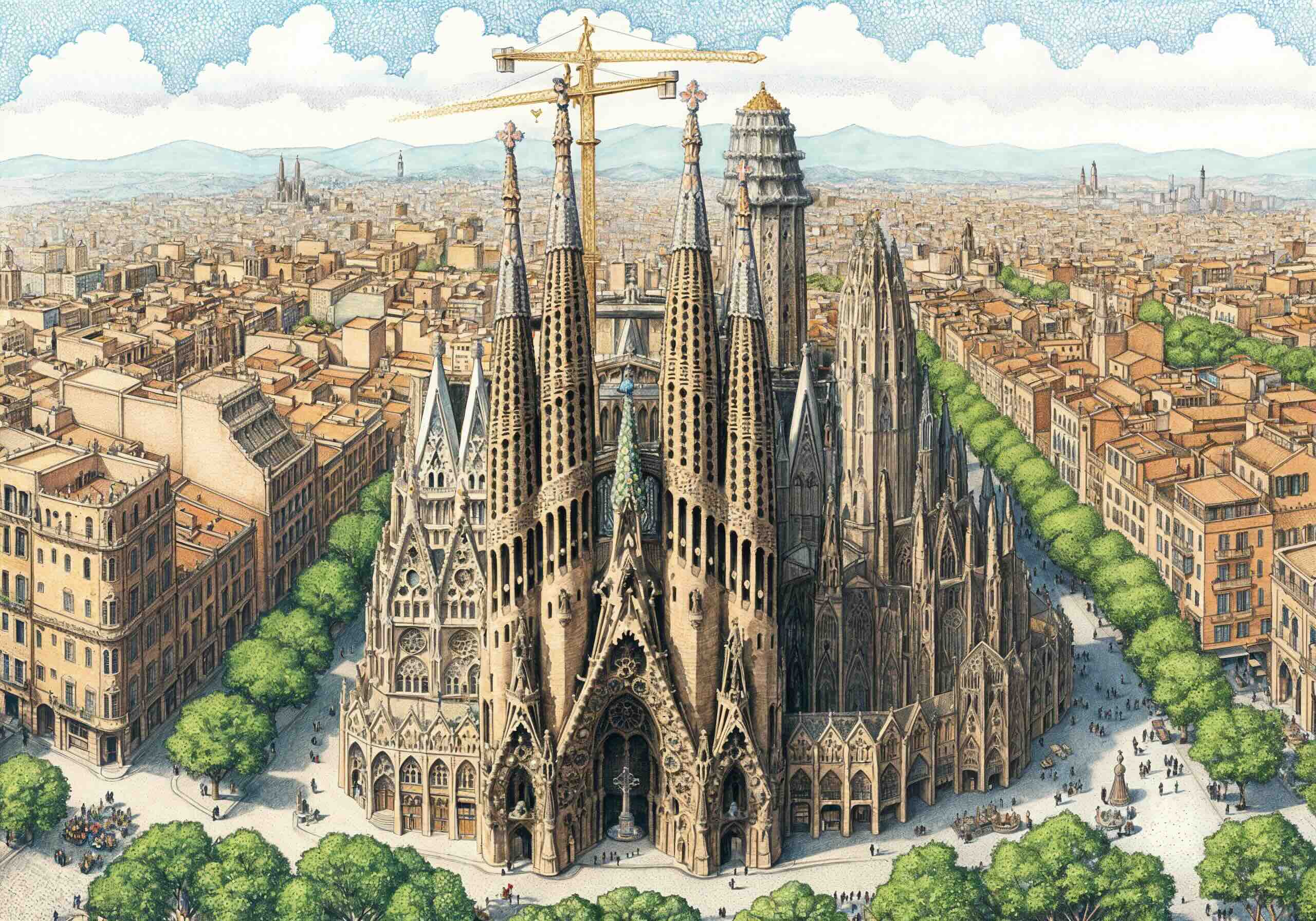  A detailed illustration of the Sagrada Família in Barcelona, Spain, showcasing its intricate architecture, towering spires, and surrounding cityscape with tree-lined streets.       You said: