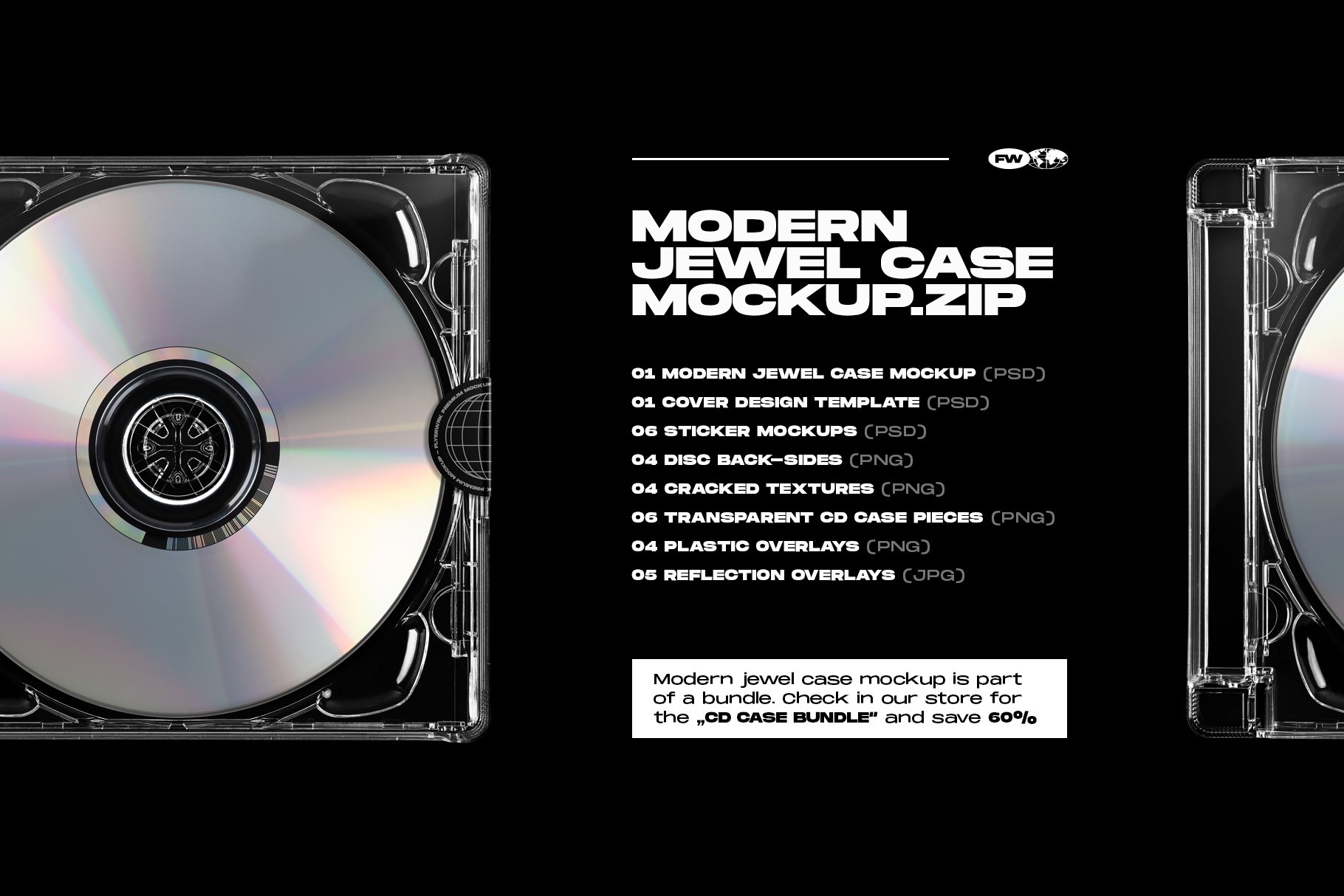Modern CD jewel case mockup package contents including PSD templates textures and overlays