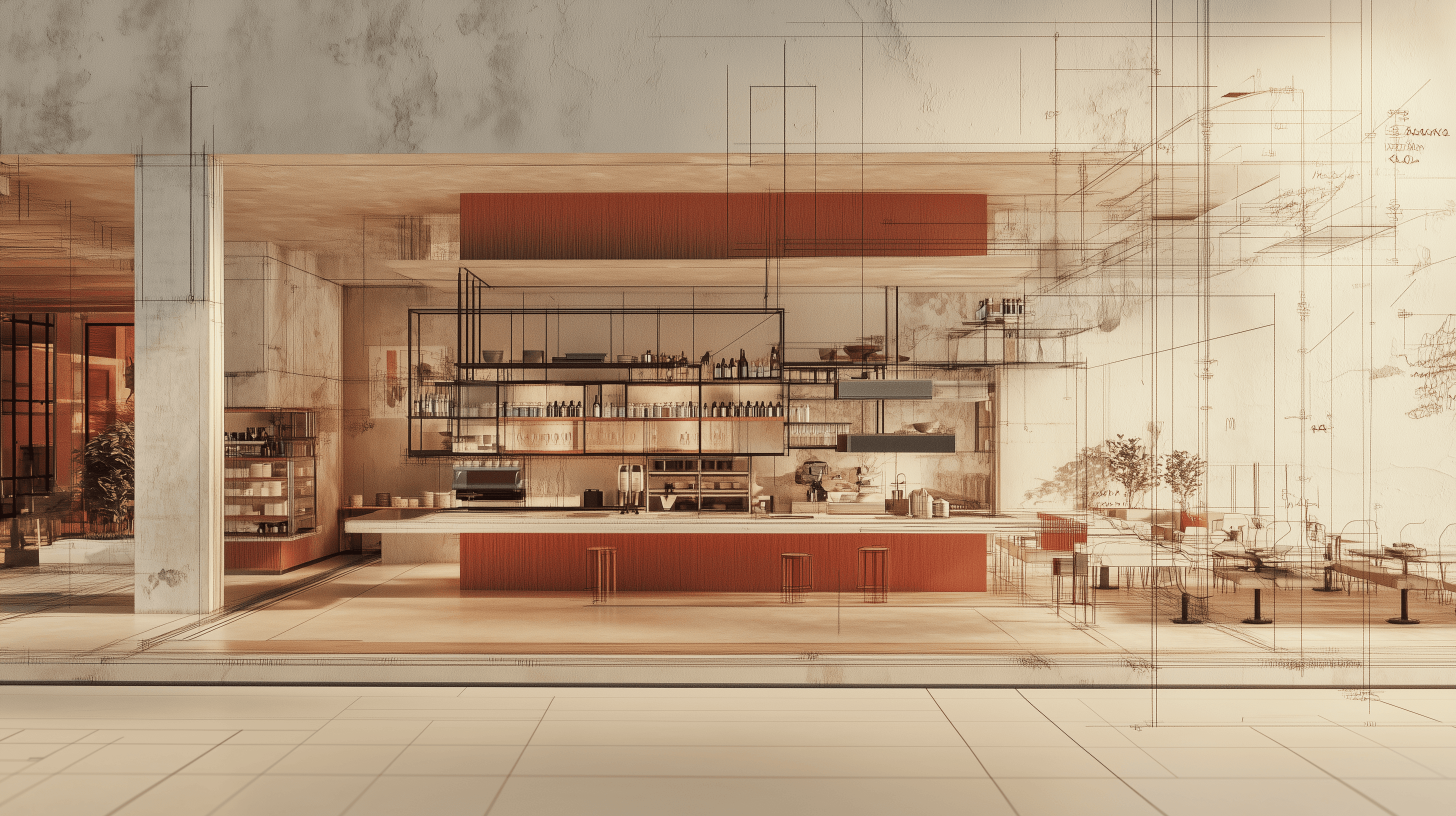 A photograph of the interior of a commercial restaurant space with architectural schematics overlaid on top.