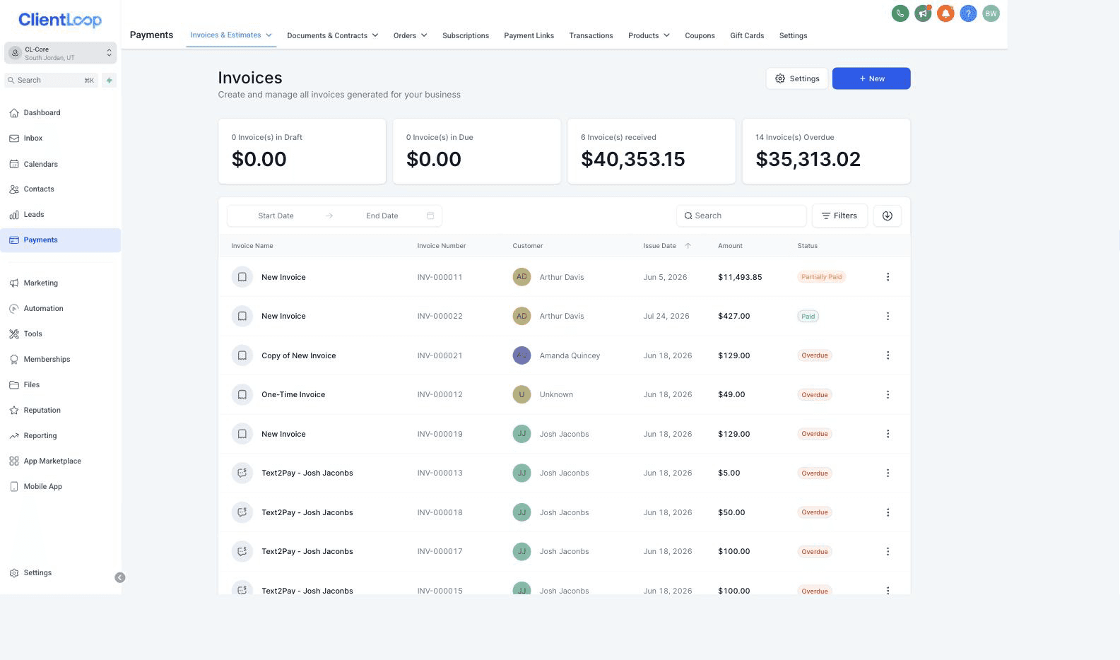 Payments → Invoices in an account with a gateway connected
