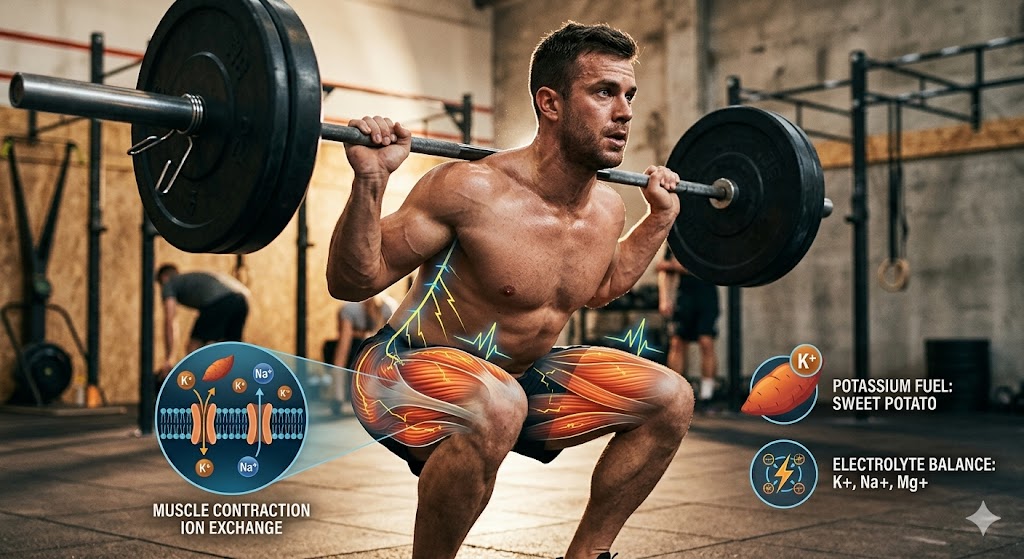 A close-up action photograph of a muscular male weightlifter performing a heavy back squat with a barbell in a gym, with scientific illustrations overlaying his muscles and nerves.