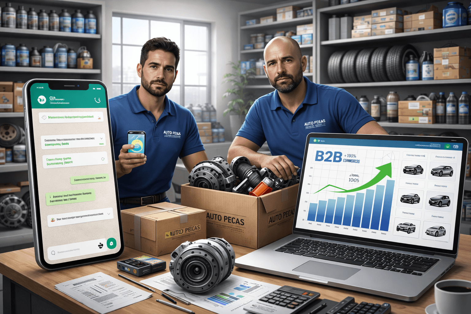 Autopeças em ambiente corporativo organizado, com gestores analisando resultados de vendas em notebook com painel B2B enquanto um celular mostra pedidos via WhatsApp, peças automotivas sobre a mesa e estoque ao fundo, representando a transição do WhatsApp para loja B2B e aumento de conversão.