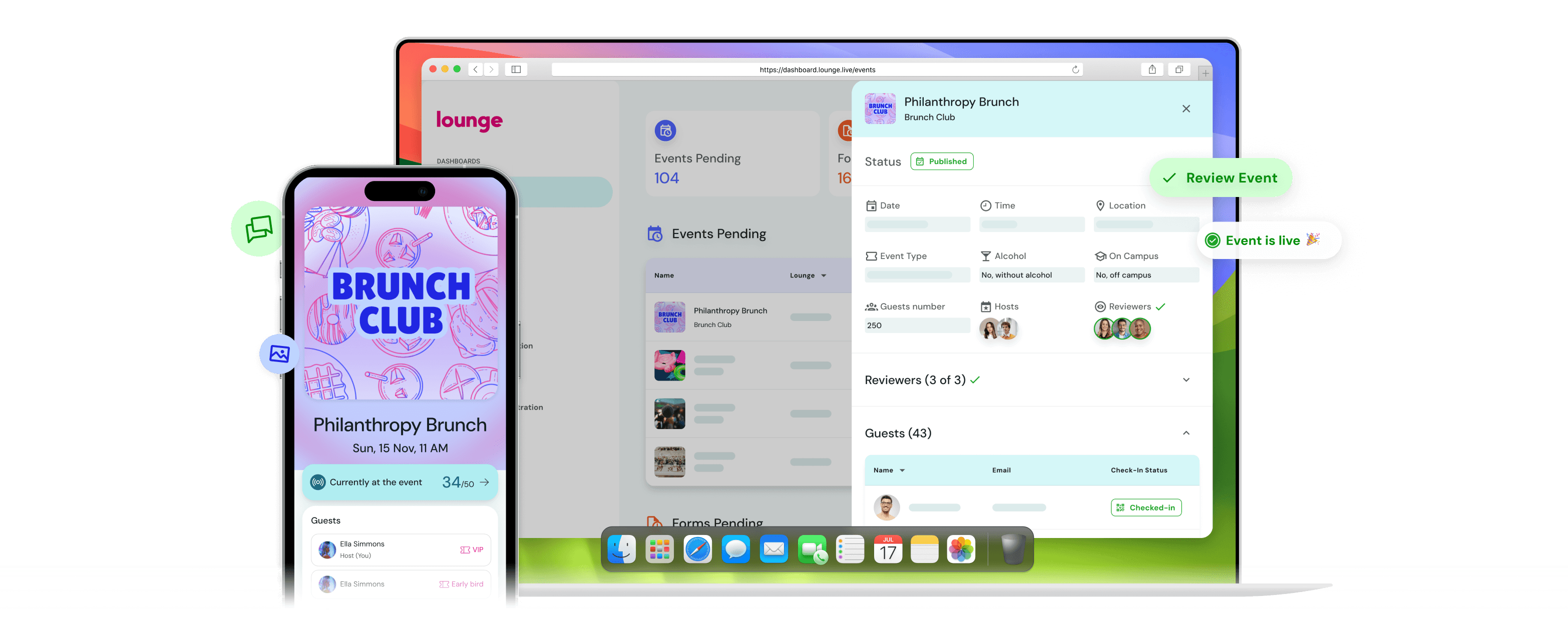 Lounge student engagement platform showing event dashboard and mobile app for campus event management and organization tracking
