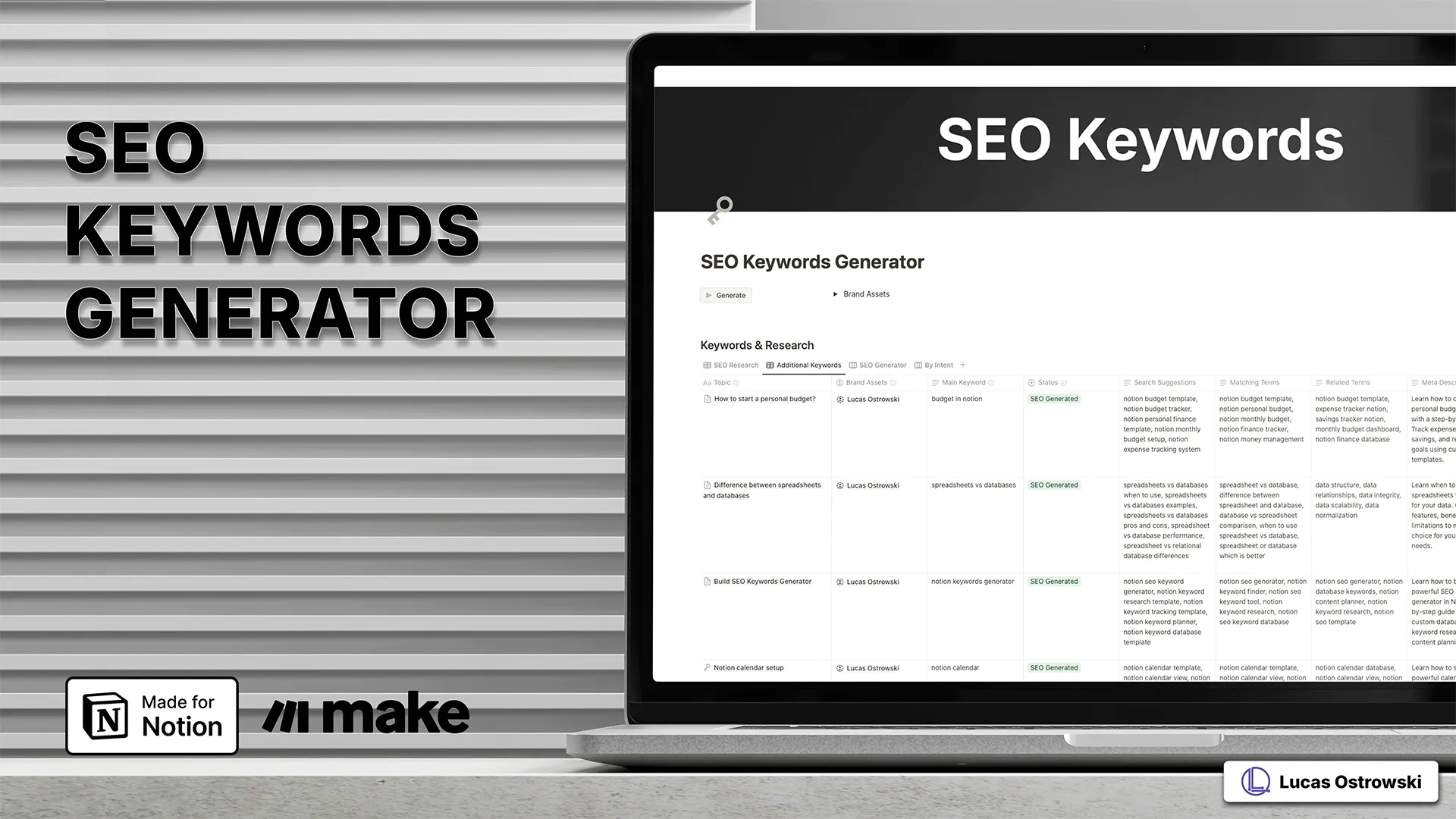 The Money OS interface featuring Notion SEO Keywords Generator database shown on laptop. Template includes keyword research metrics like search volume, CPC, and traffic potential. Made for Notion and The Money OS badges with Lucas Ostrowski branding. Professional dark mode dashboard for tracking SEO performance data