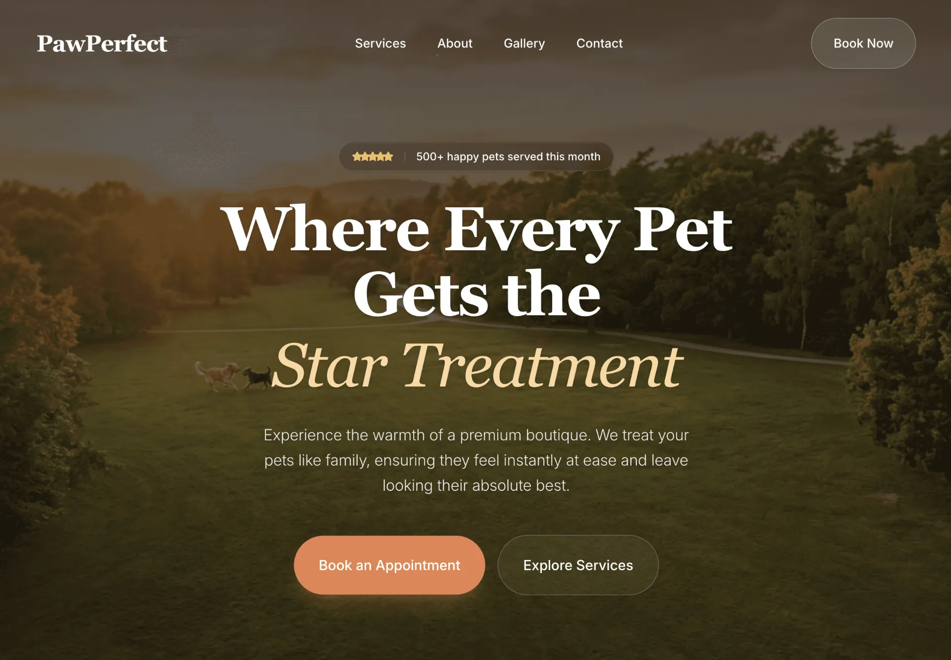 A friendly and modern pet care website template showing professional dog walking and overnight pet sitting services.