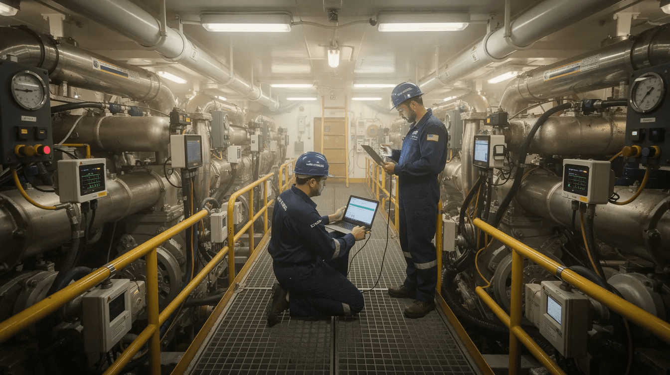The image depicts a marine engine room where technicians are inspecting machinery equipped with various sensors. This setup highlights the integration of digital twin technology in the maritime industry, enabling real-time data collection and monitoring of critical components for improved operational efficiency.