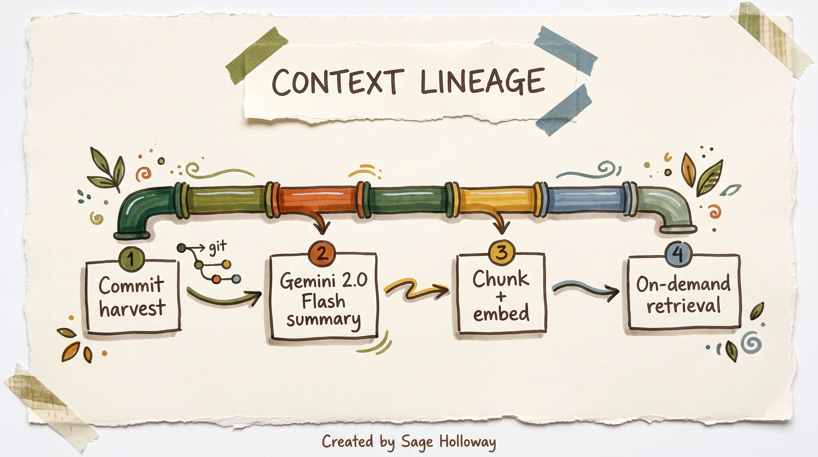 Scrapbook pipeline diagram of git commit harvest, Gemini summarization, and embedding for retrieval