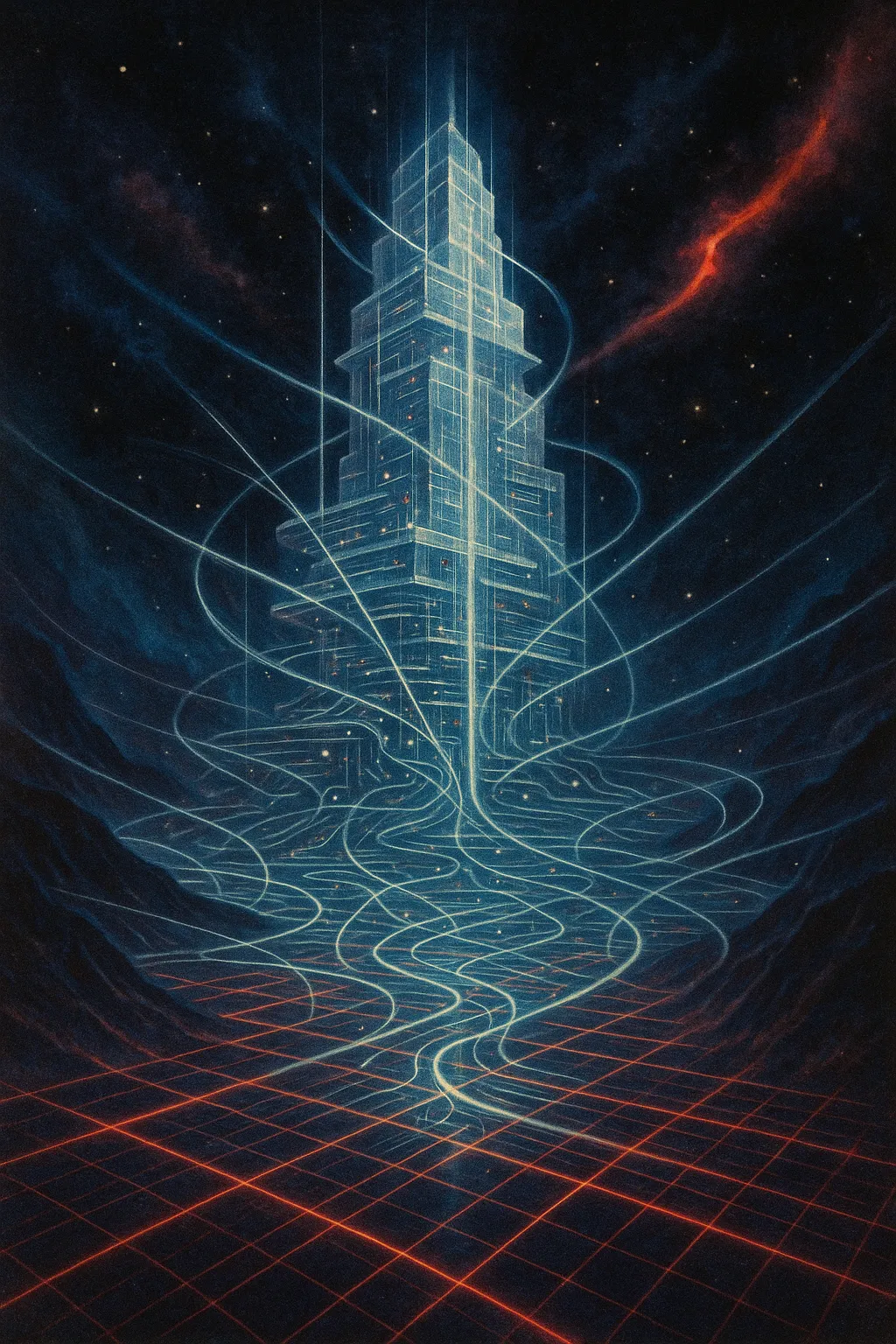 Futuristic tower with digital lines, showcasing RockN' Socials Digital Marketing.