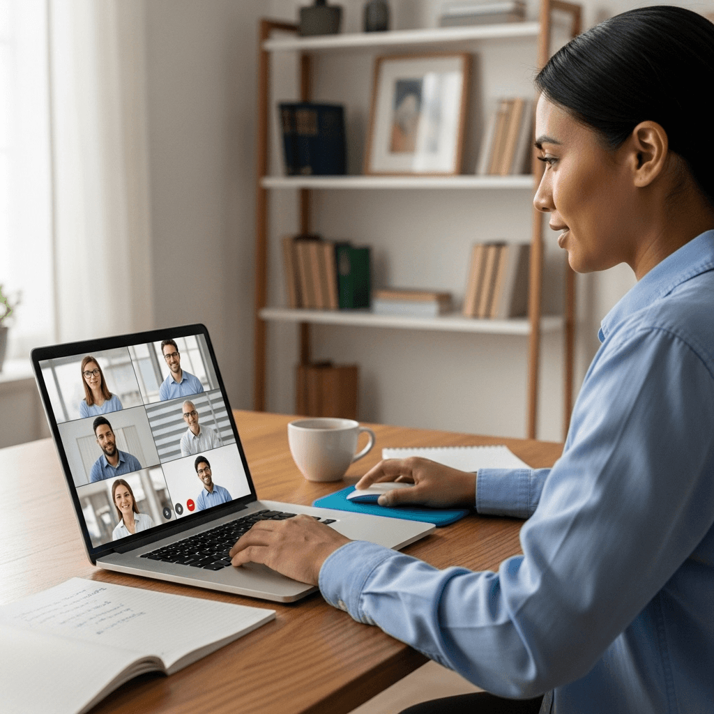 Woman participating in a virtual training session on a laptop