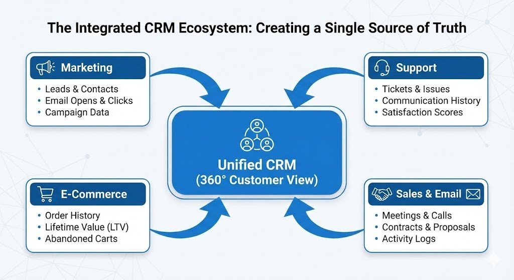 Diagram illustrating an integrated CRM ecosystem, showing various departments contributing to a unified 360-degree customer view.