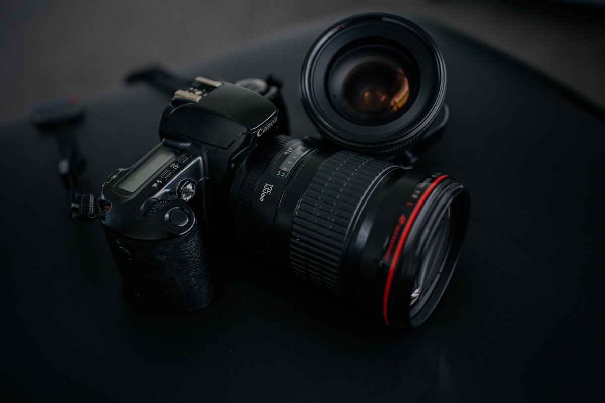 DSLR camera and lens on a table