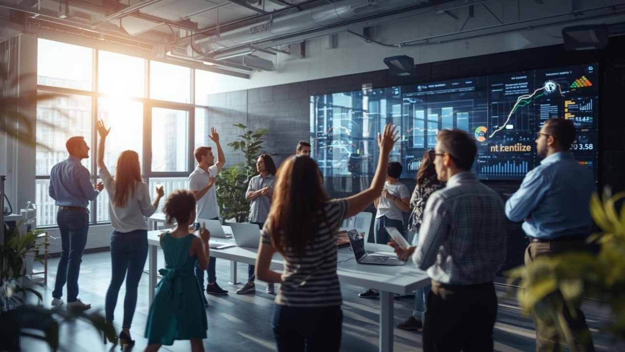 A group of people in a meeting room