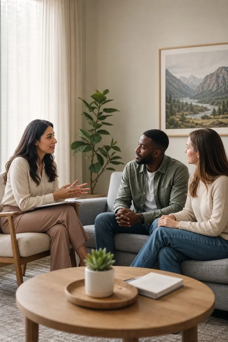 Counselor speaking with a small group in a bright office