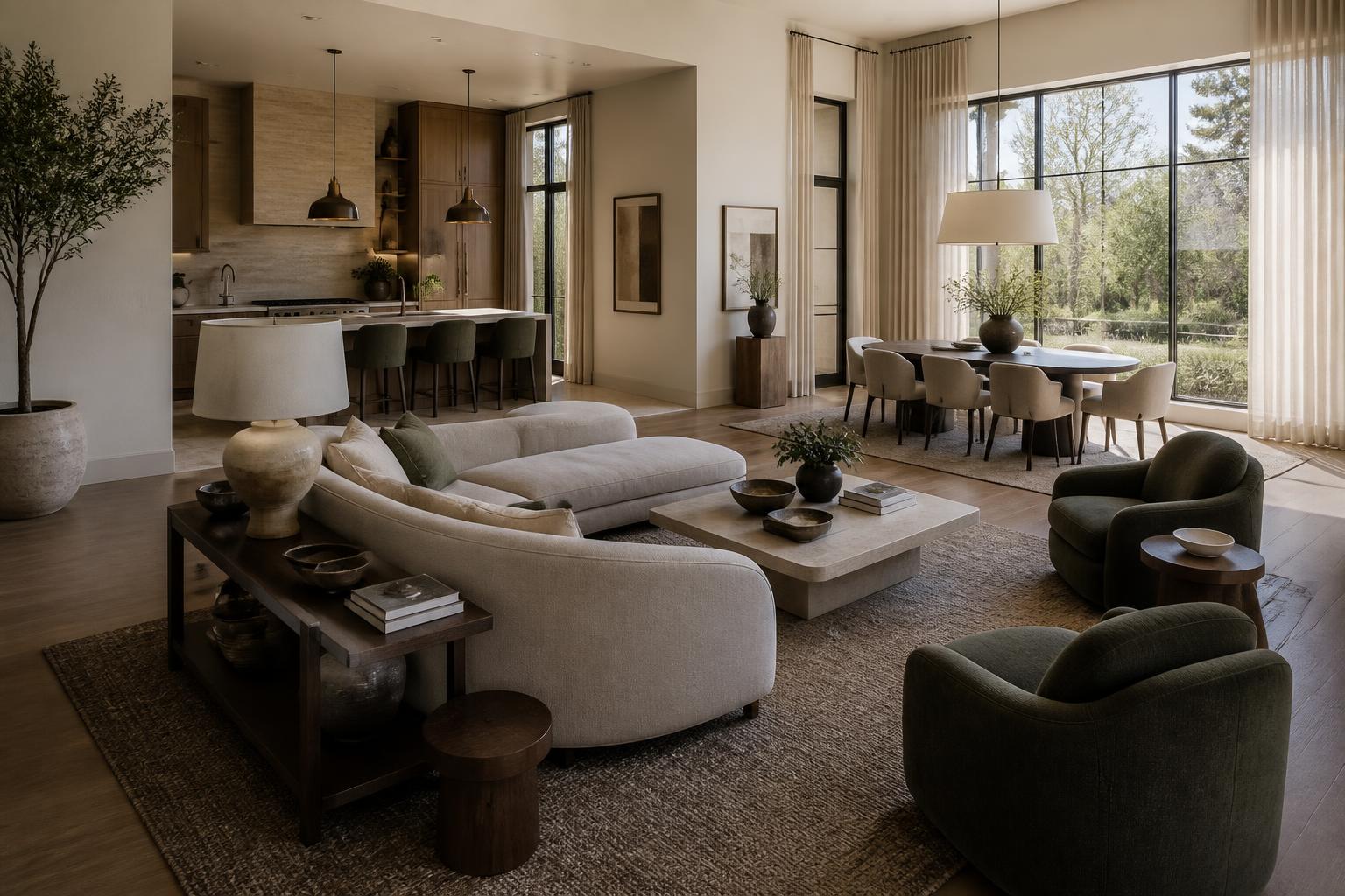 Modern luxury open-concept living room, dining area, and kitchen with neutral decor, curved sofa, large windows, pendant lighting, and abundant natural light.