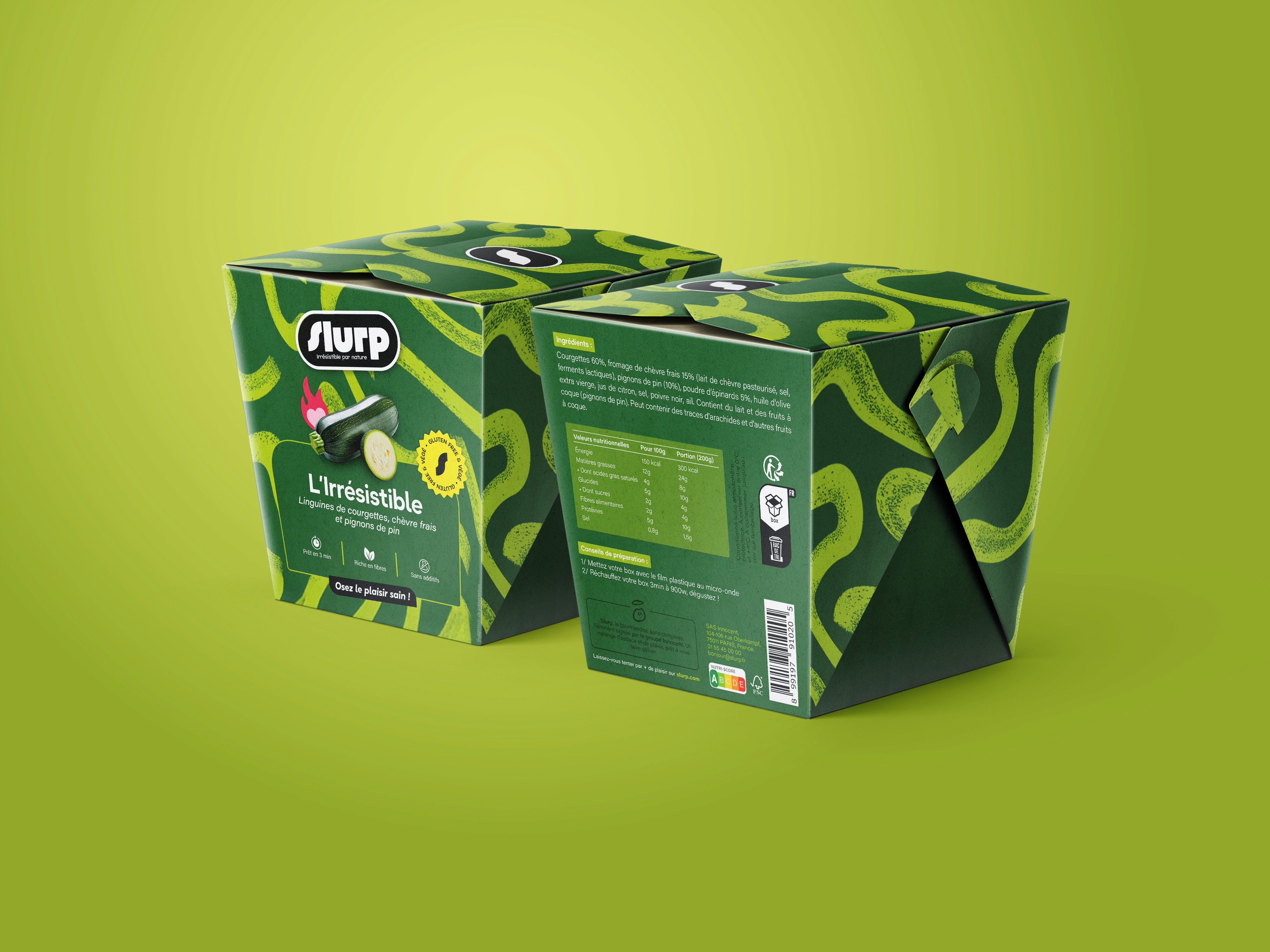 Box repas Slurp, packaging recto/verso vert, présentation des linguines de légumes