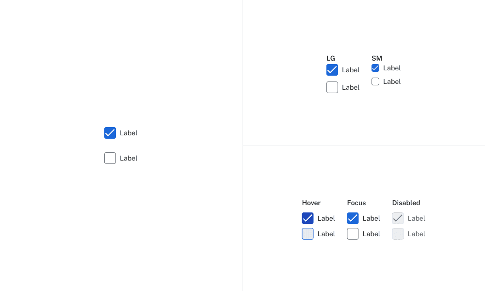 Estilo definido de caixa de seleção, incluindo tamanhos (pequeno e grande) e estados como hover, ativo, foco e desativado.