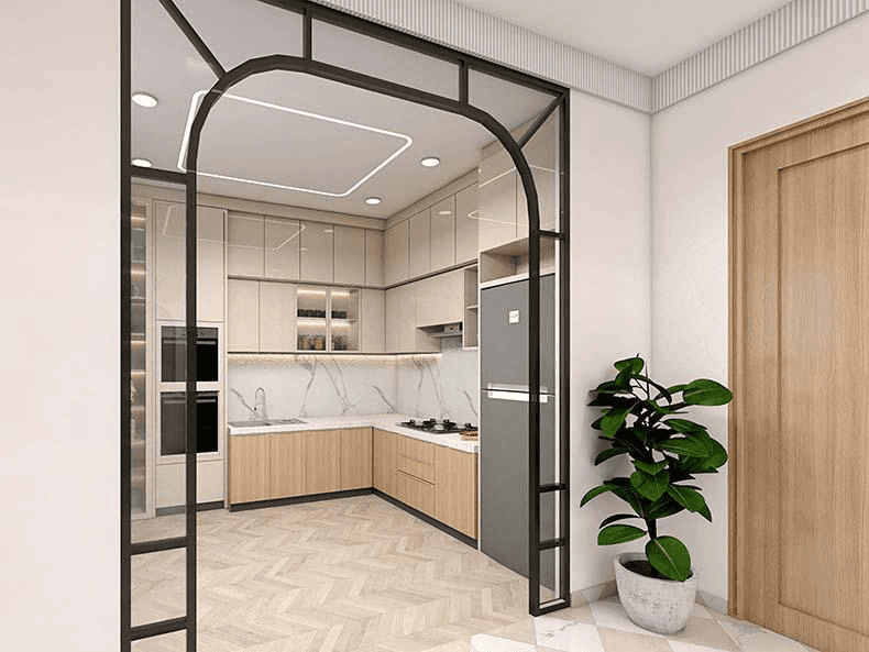 Aerial view of a small neighborhood with red-roofed houses nestled among lush green fields and winding roads. The scene feels peaceful and idyllic.