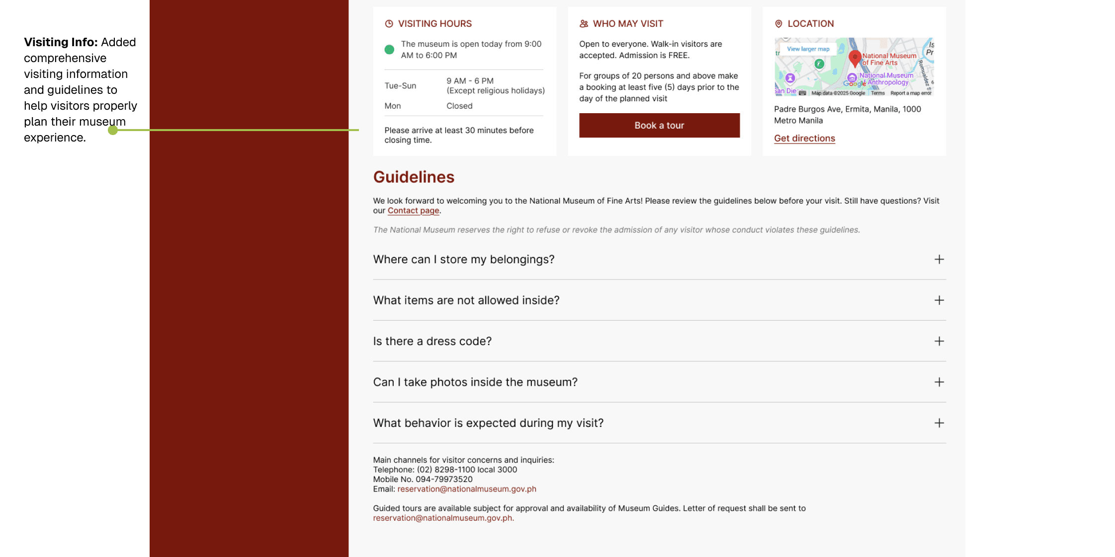 Museum visiting information page displaying hours, admission details, location map, visitor guidelines with expandable FAQs, and an annotation describing the comprehensive visiting information feature.