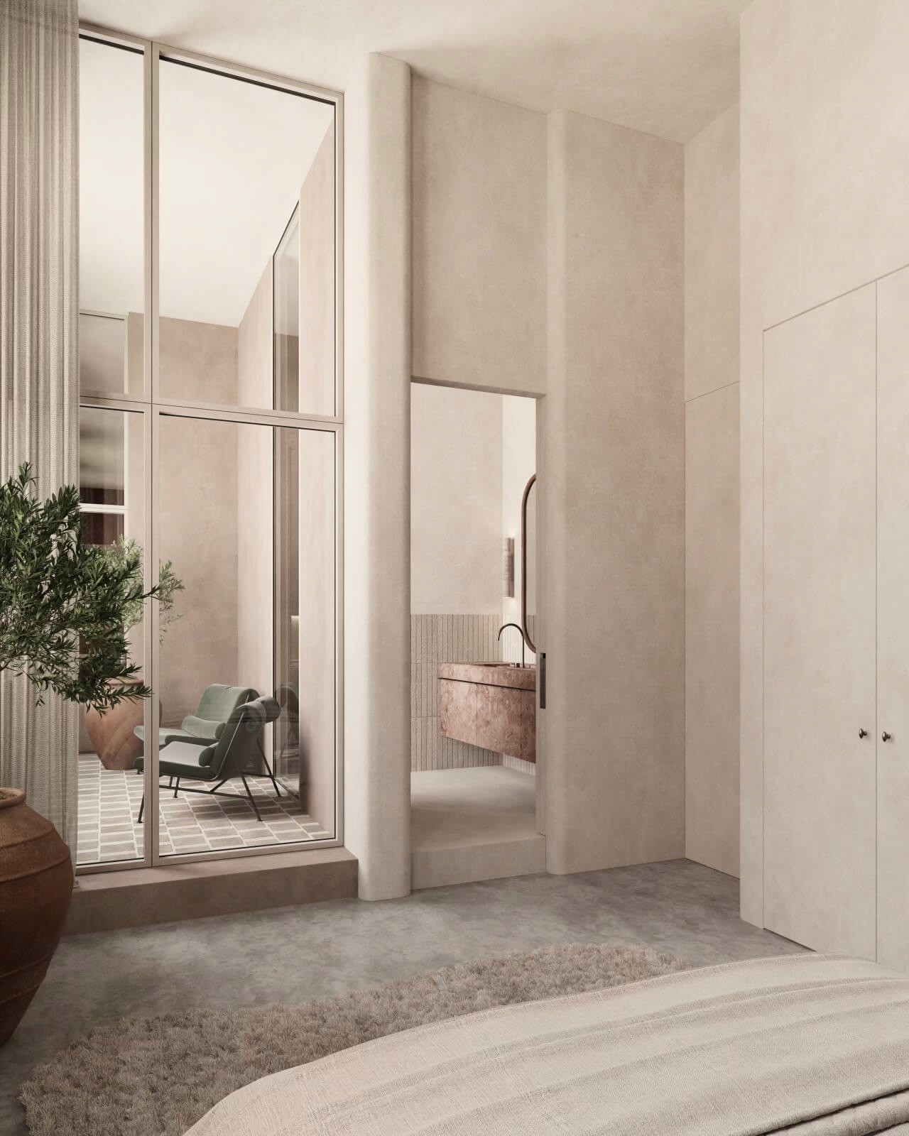 A cozy bedroom with a view into a bathroom featuring natural light, soft textures, and a seamless connection between relaxation and utility