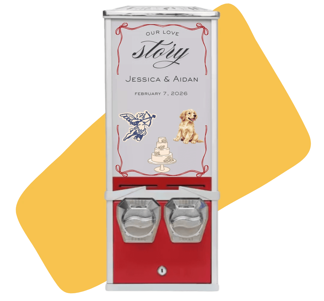 3D image of a pink sticker vending machine. There are cardboard sleeves surrounding the sticker machine.