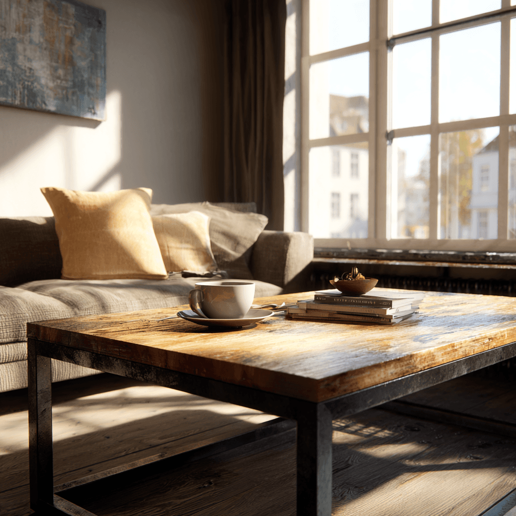 A wooden coffee table featuring a sleek metal frame, showcasing a modern design suitable for various interiors.