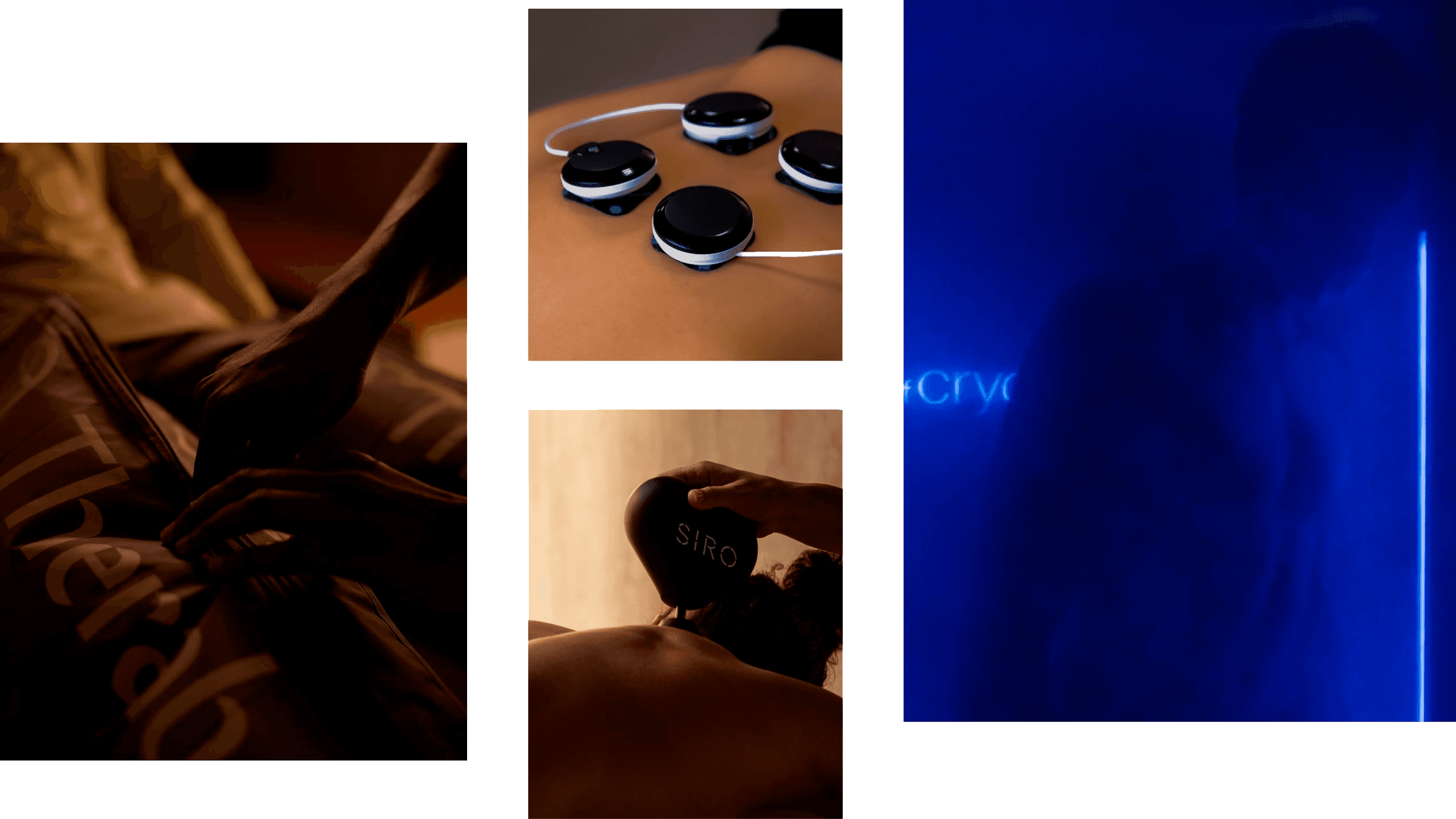 Collage explaining recovery treatments, including hands-on massage, electrode pads on the back, a handheld massage device, and a cryotherapy chamber
