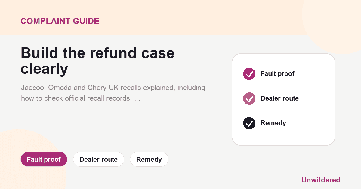 Explainer card for Jaecoo & Omoda Recalls UK | Safety Faults & Consumer Rights: Fault proof, Dealer route, Remedy.