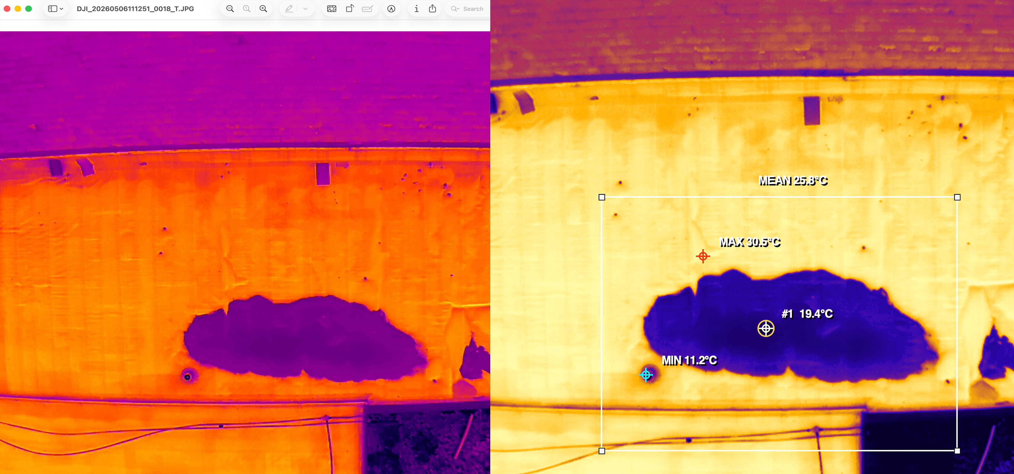 The same DJI R-JPEG file in macOS Preview, where no temperature data is available, and in HeatScribe, where each pixel has a measurable temperature.