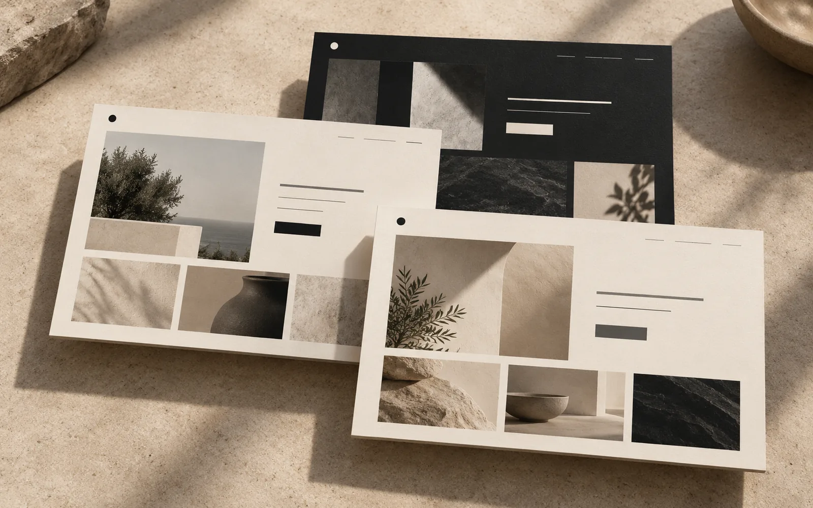 Three Fieldnotes template pages on a stone surface