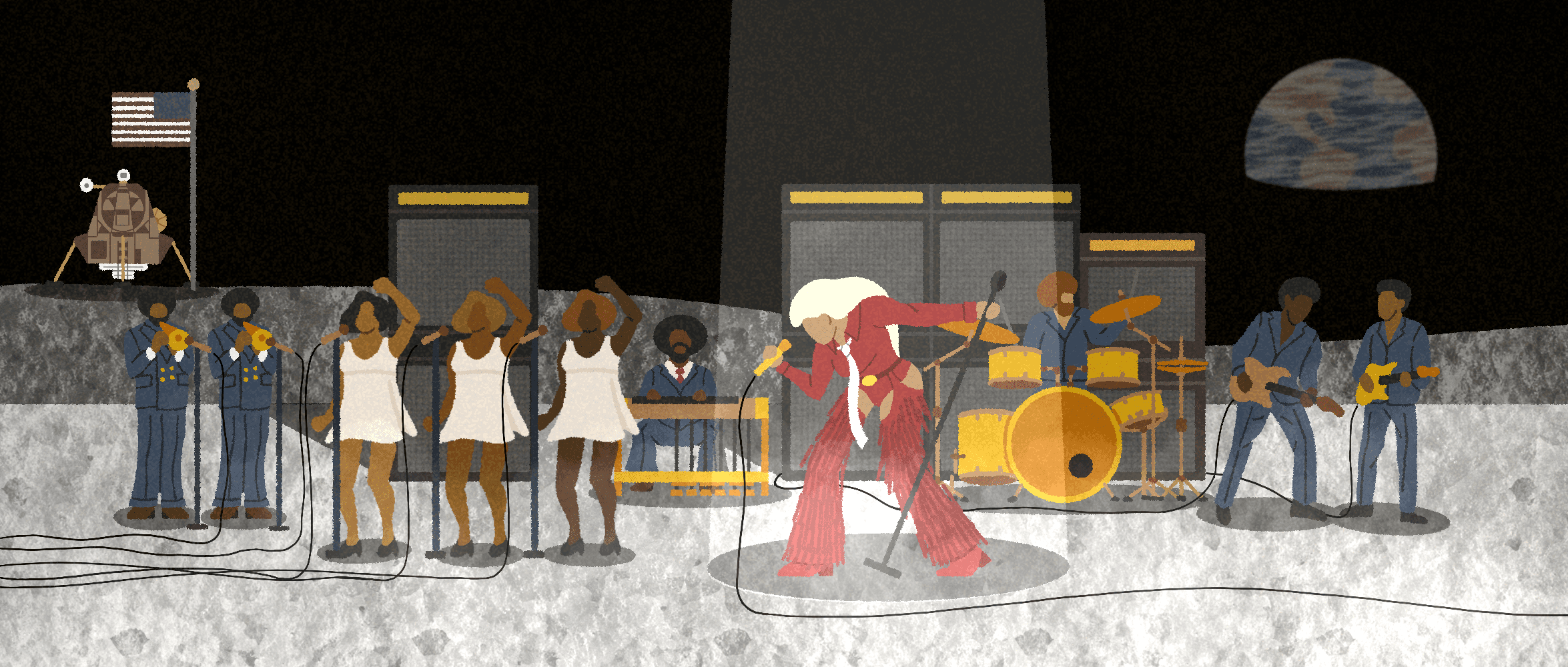 Illustration of a woman singer performing a high energy song on the surface of the moon. She's accompanied by dancers, trumpet players, drummers and guitarists.