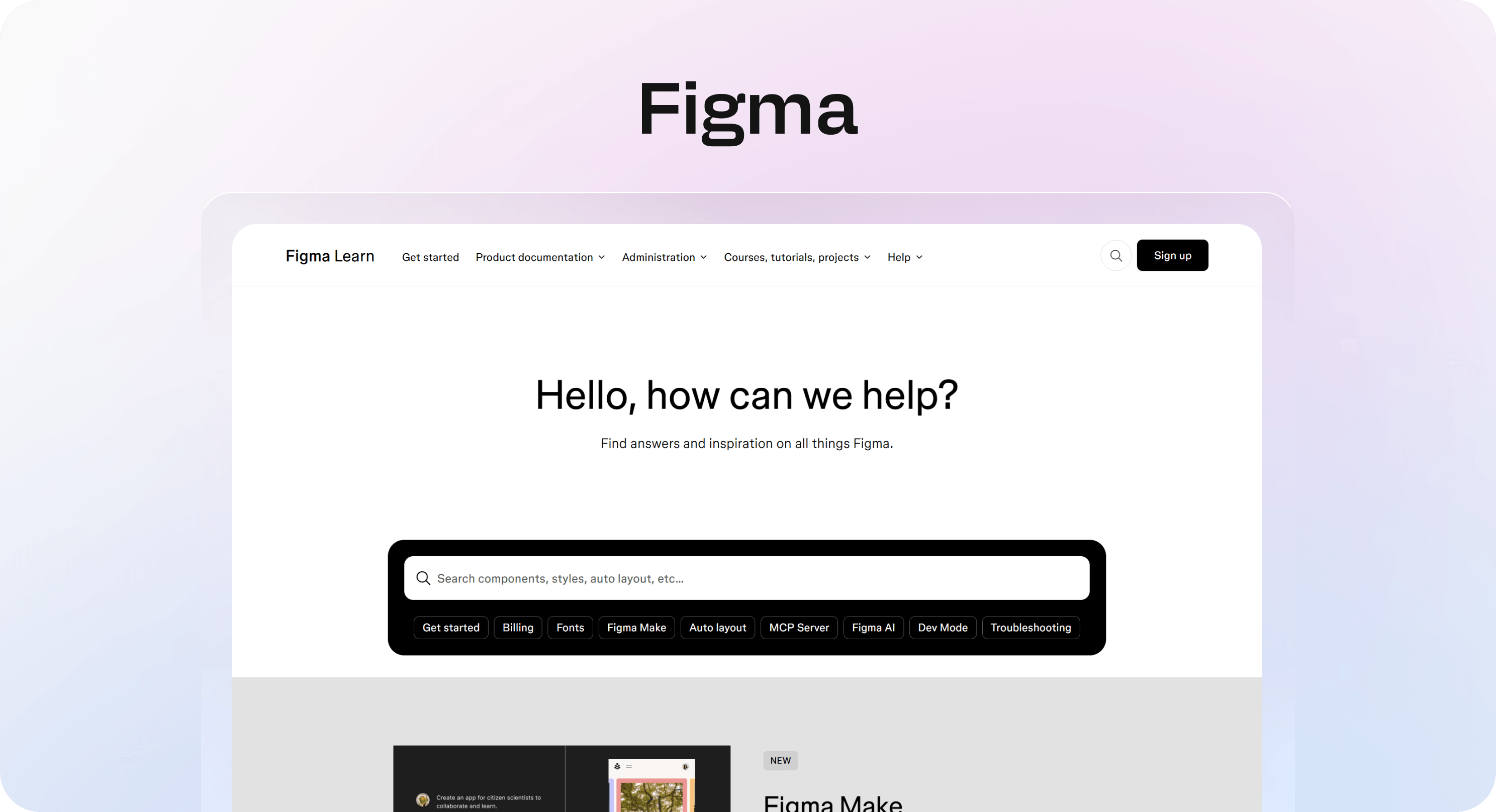 Figma Learn homepage with search, topic chips, and product documentation navigation.