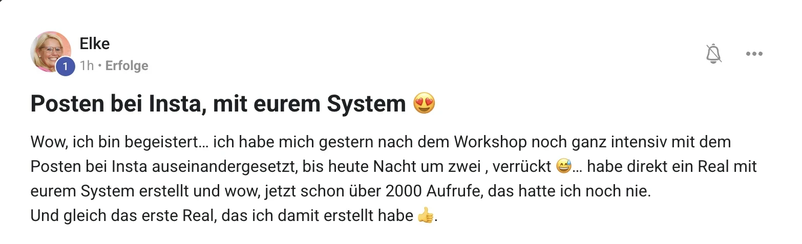 Kundenstimme KI Creator Akademie: Elkes erstes Reel mit dem System erreicht über 2.000 Aufrufe