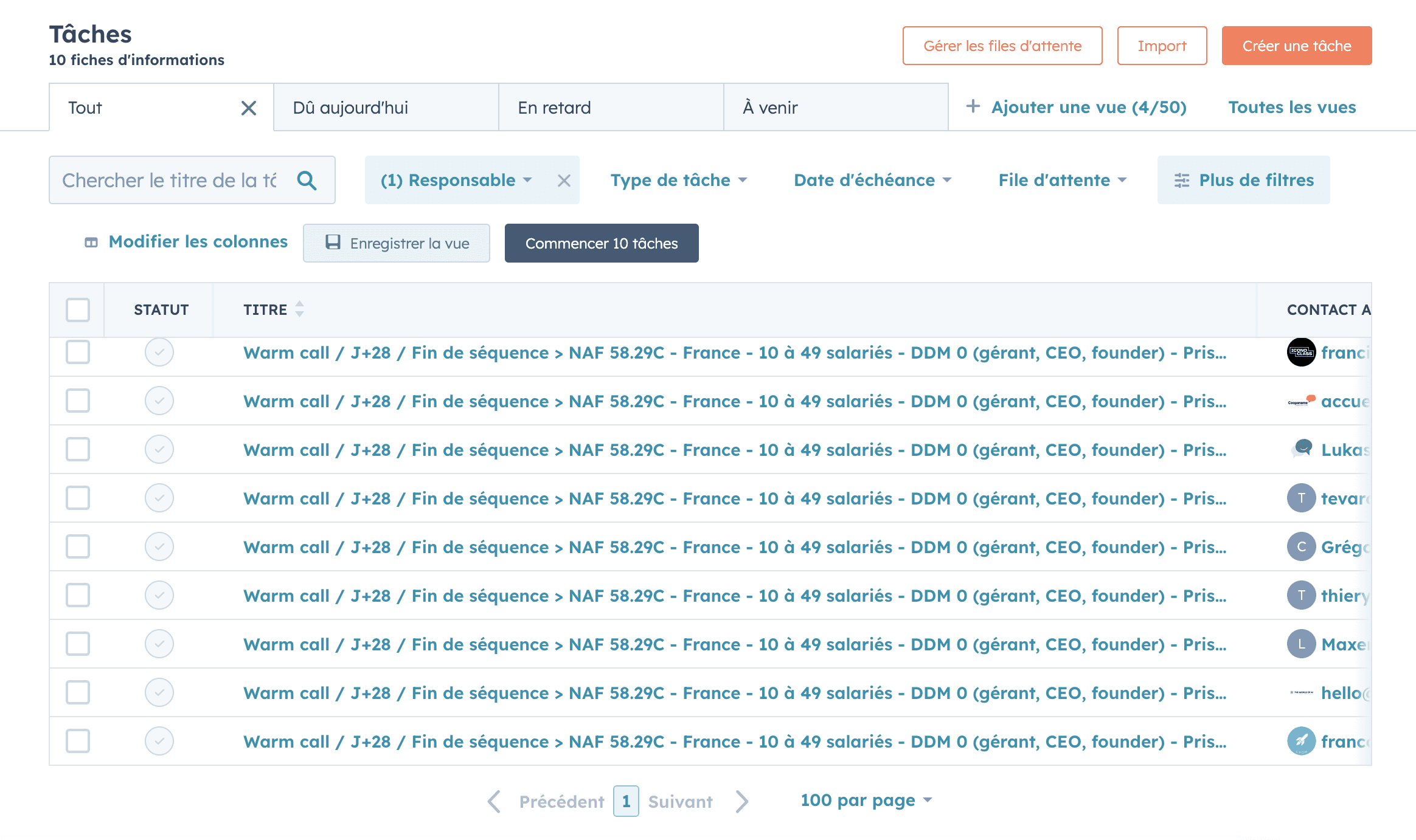 Hubspot : liste de tâches des leads suite à la fin de leur séquence sur LaGrowthMachine