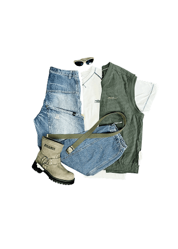 Clothing items including jeans, t-shirt, vest, belt, sunglasses, and boot.
