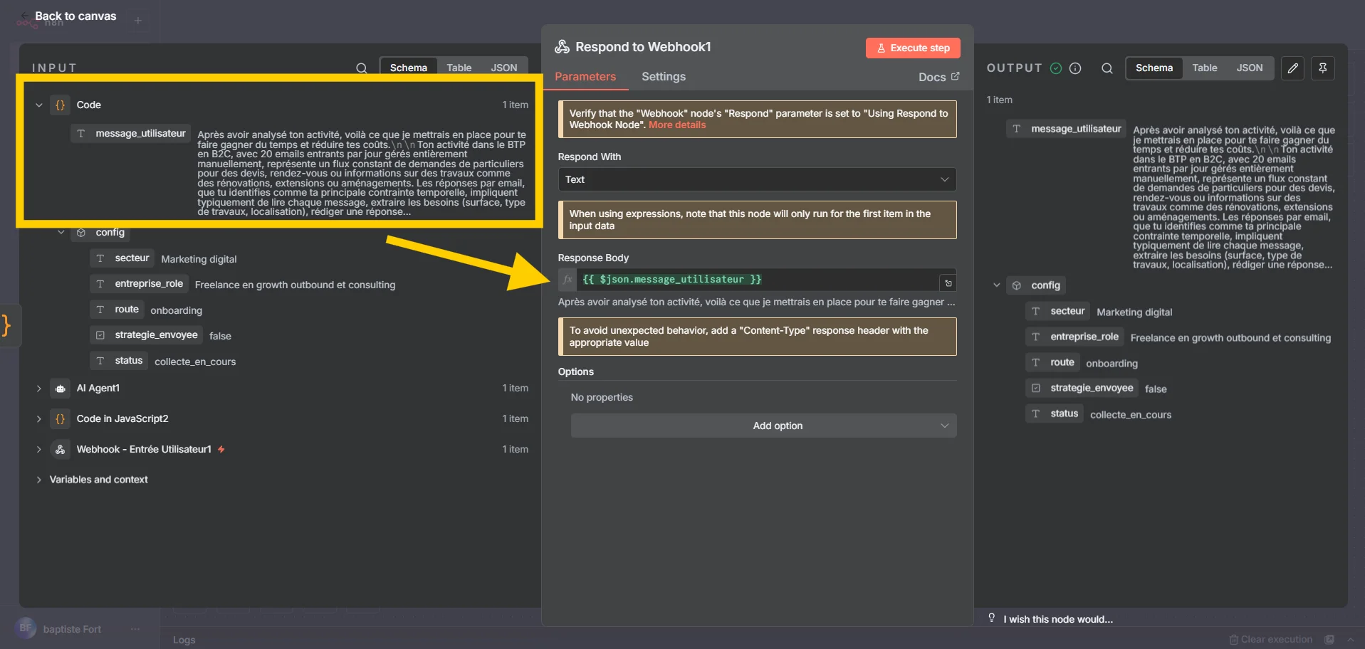 Interface du node Respond to Webhook dans n8n montrant la configuration qui renvoie la réponse finale de l’agent IA vers le site, en utilisant le même webhook que le node d’entrée.