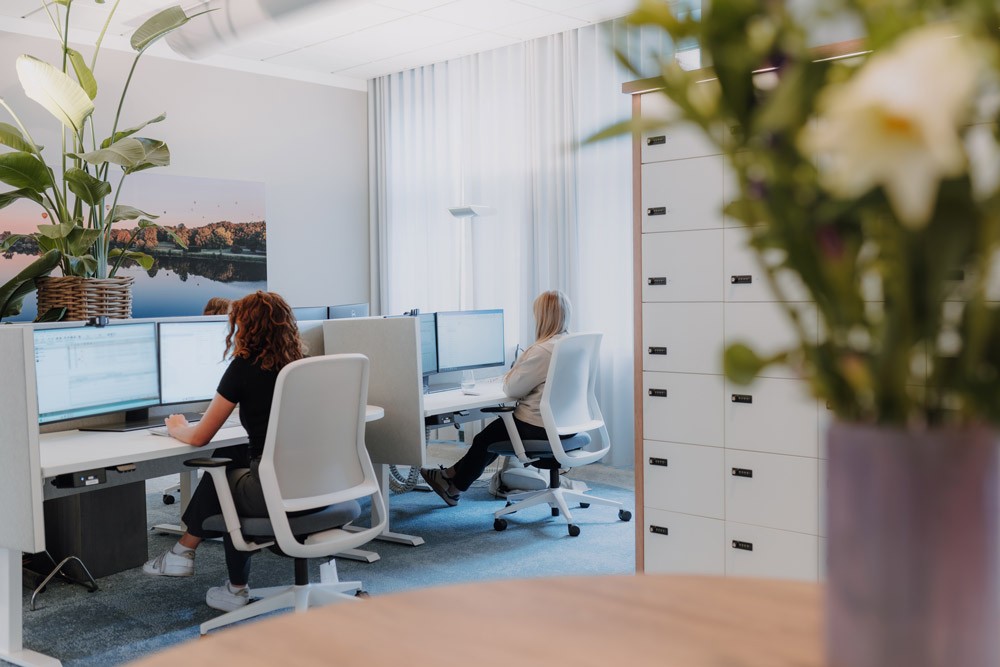 Zwei Mitarbeiterinnen arbeiten an ihren Computern in einem hellen Großraumbüro von SLB, im Vordergrund ein Blumenarrangement.
