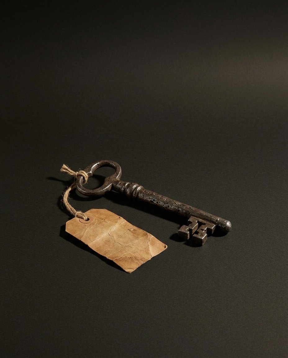 A large iron door key with a blank paper tag