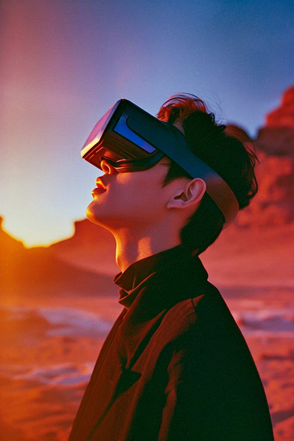 A person wearing a virtual reality headset in a desert landscape bathed in orange light