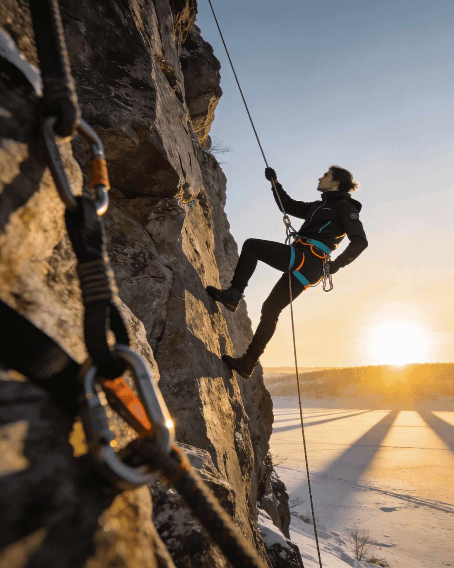 Rock climber ascending a cliff at sunset with safety rope