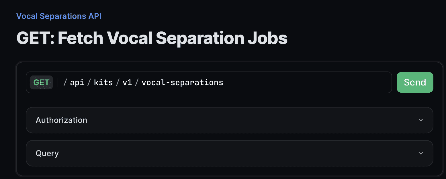 GET vocal separation job request visualization with the Kits AI API