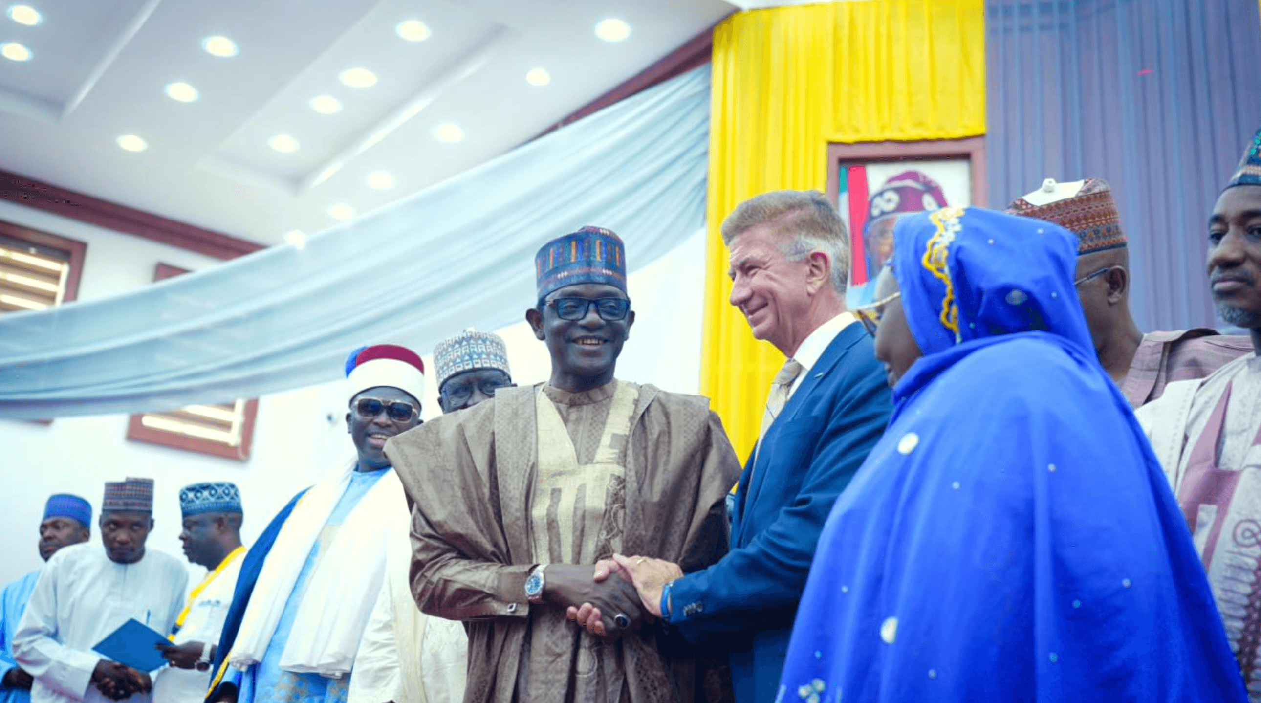H.E. Mr. Mai Mala Buni, Executive Governor, Yobe State, greets Dr Ulrich Eichhorn, Founder and Group CEO, GeoScan GmbH, following the MoU signing in Damaturu, 30 October 2025.