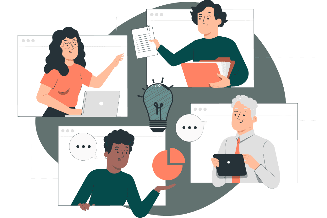 Illustration von vier Personen die gemeinsam Arbeiten miteinander kommunizieren und sich austauschen per Laptop Tablet und Akten