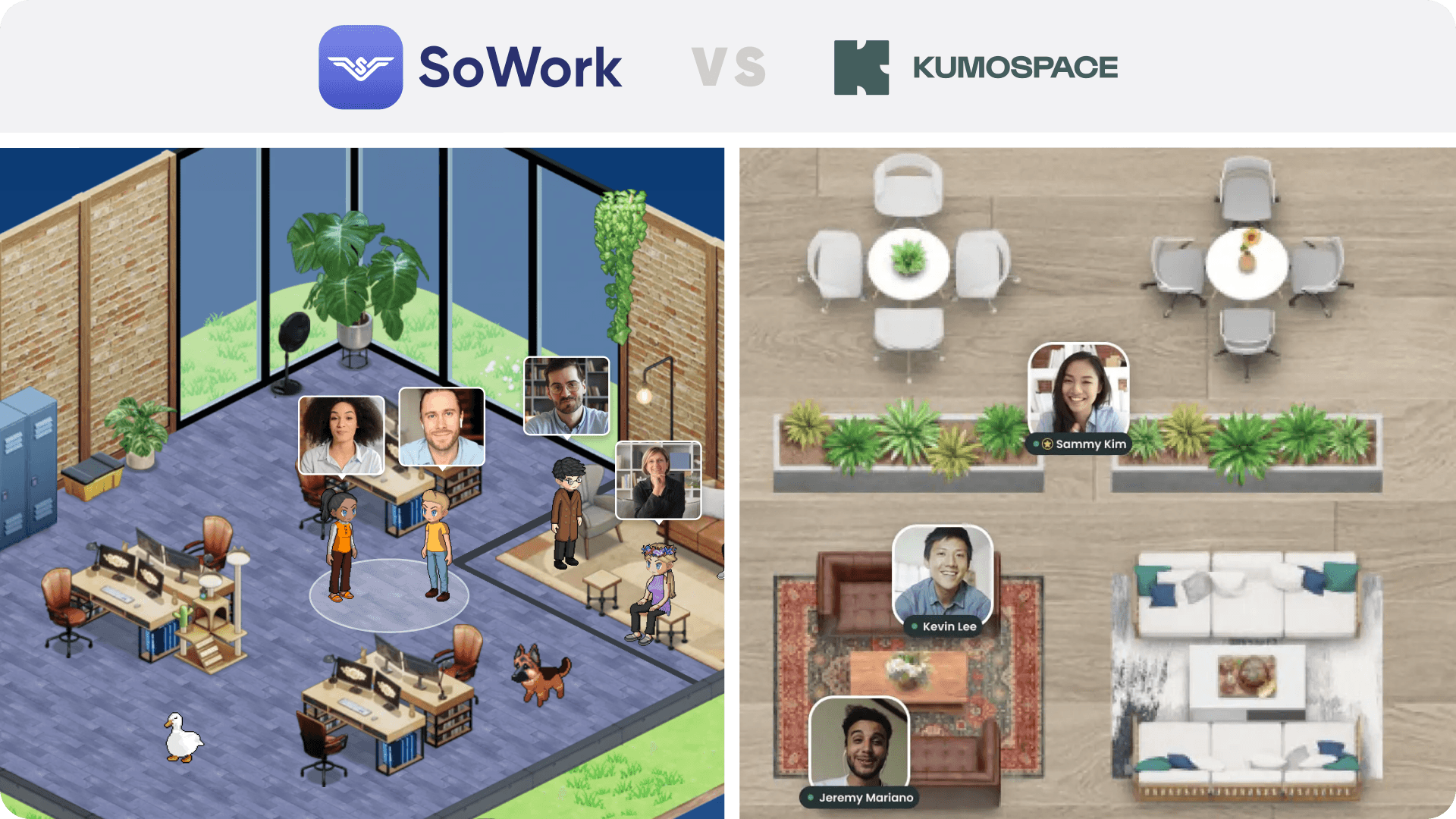 Side-by-side comparison of SoWork’s immersive 2.5D virtual office and Kumospace’s 2D grid-style workspace with team avatars.