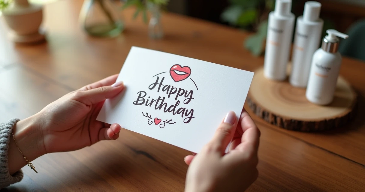 Cartão de aniversário personalizado com logo do salão ao lado de produtos de beleza