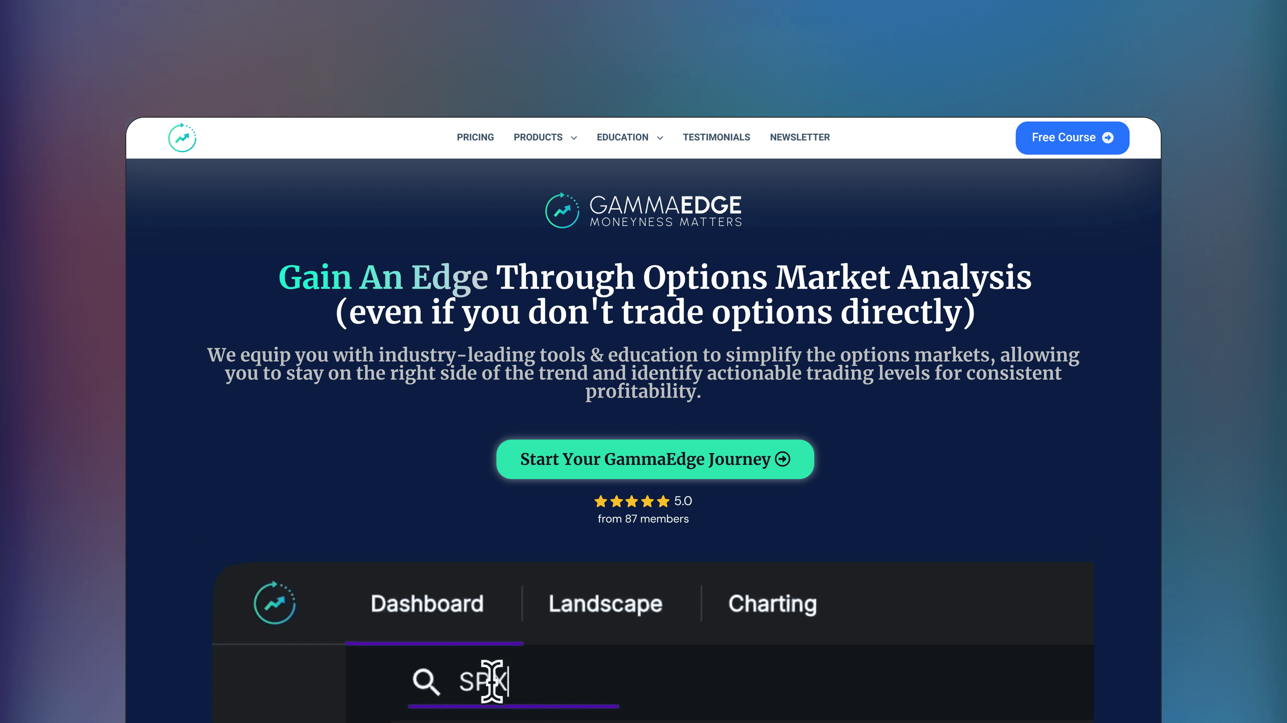 Website preview of GammaEdge, trade analytics orderflow platform displaying charts for gamma exposure and market flow.