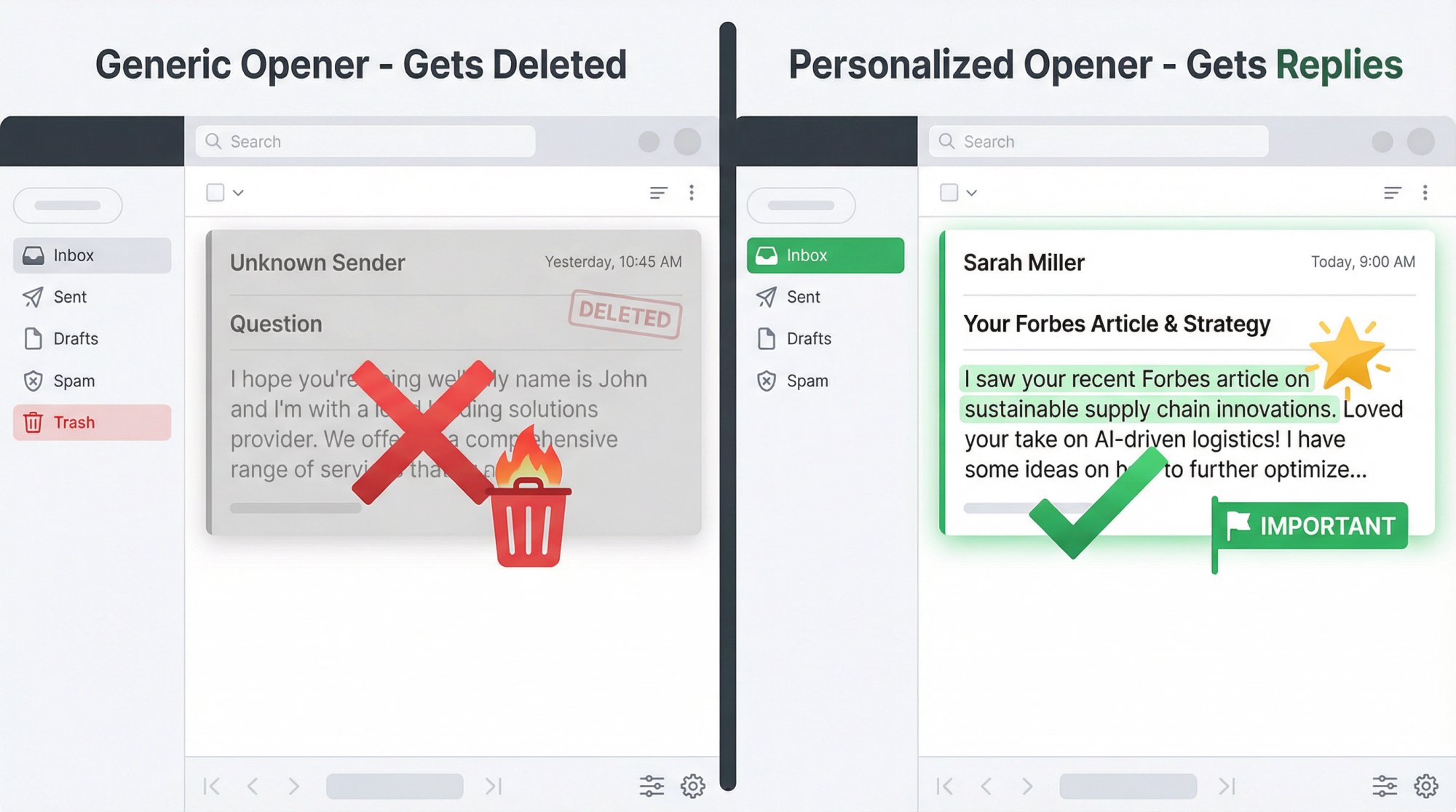 Side-by-side email inbox comparison showing generic cold email opener vs personalized opener with visual indicators of poor vs strong first lines