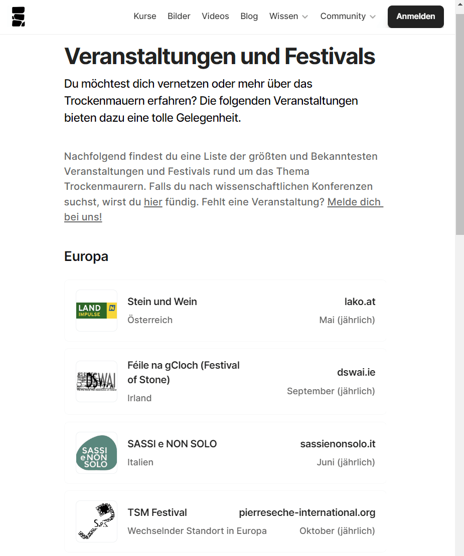 Screenshot Trockenmauer Veranstaltungen und Konferenzen aus Trockenmauerkurs.de